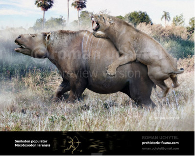 Mixotoxodon larensis and Smilodon populator